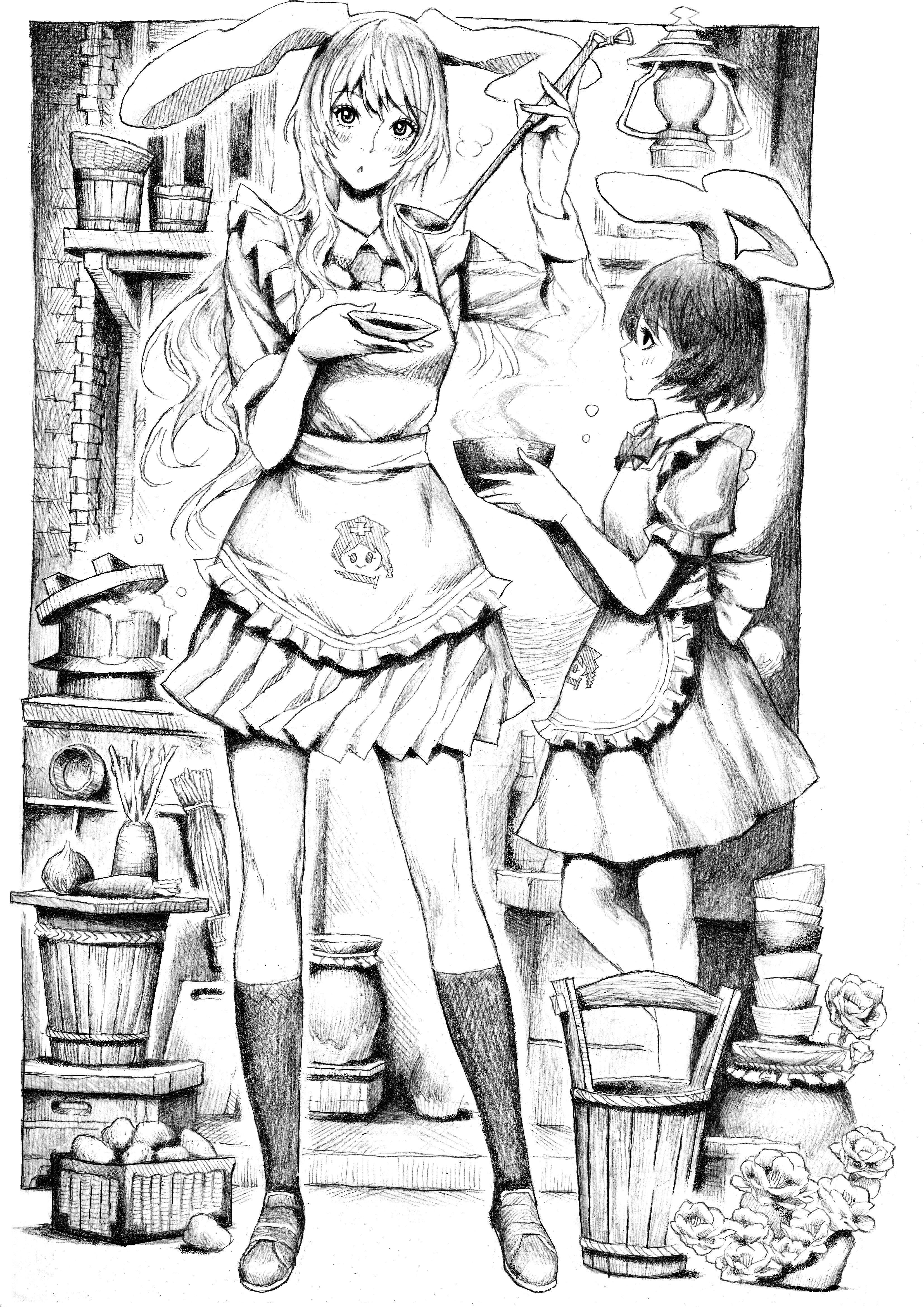 nobita (makoto7060355), inaba tewi, reisen udongein inaba, touhou, absurdres, bad id, bad pixiv id, highres, traditional media, 2girls, alternate costume, animal ears, apron, enmaided, female focus, greyscale, maid, maid apron, monochrome, multiple girls, rabbit ears