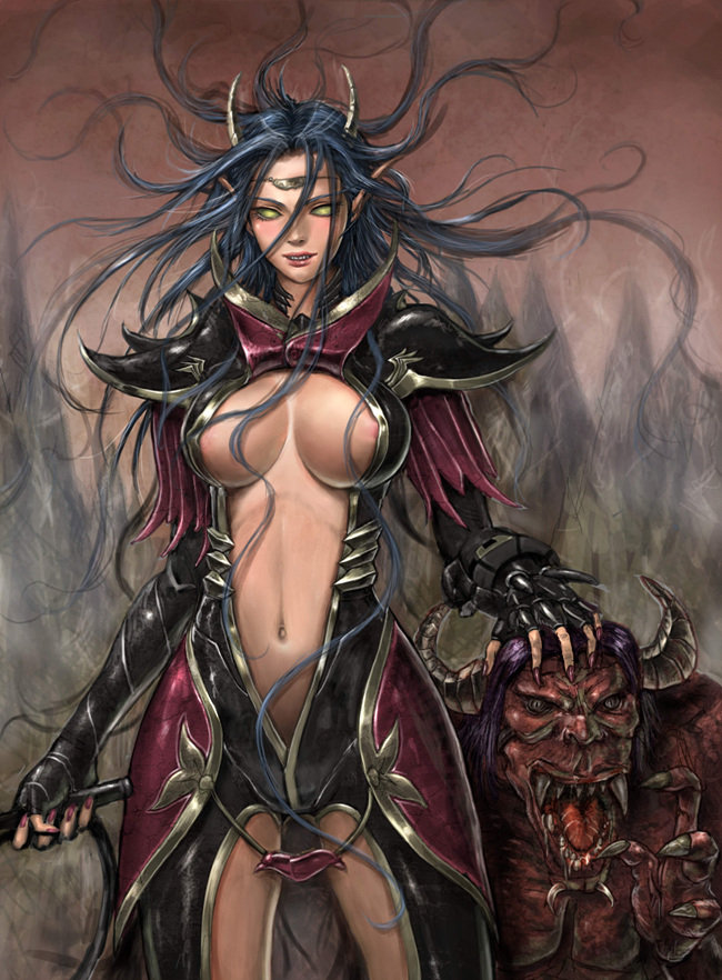 neongun, original, 1girl, blue hair, breasts, center opening, covered erect nipples, demon girl, empty eyes, female focus, horns, long hair, monster, navel, pointy ears, solo, whip, yellow eyes