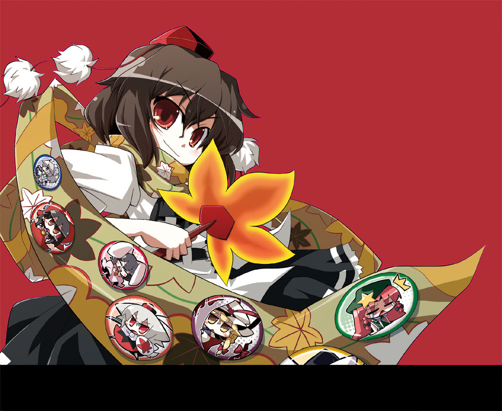 akaneya, hakurei reimu, hong meiling, inaba tewi, inubashiri momiji, izayoi sakuya, shameimaru aya, yakumo yukari, touhou, bad id, bad pixiv id, 1girl, brown hair, female focus, hand fan, hat, lapel pin, pin, red eyes, scarf, skirt, solo