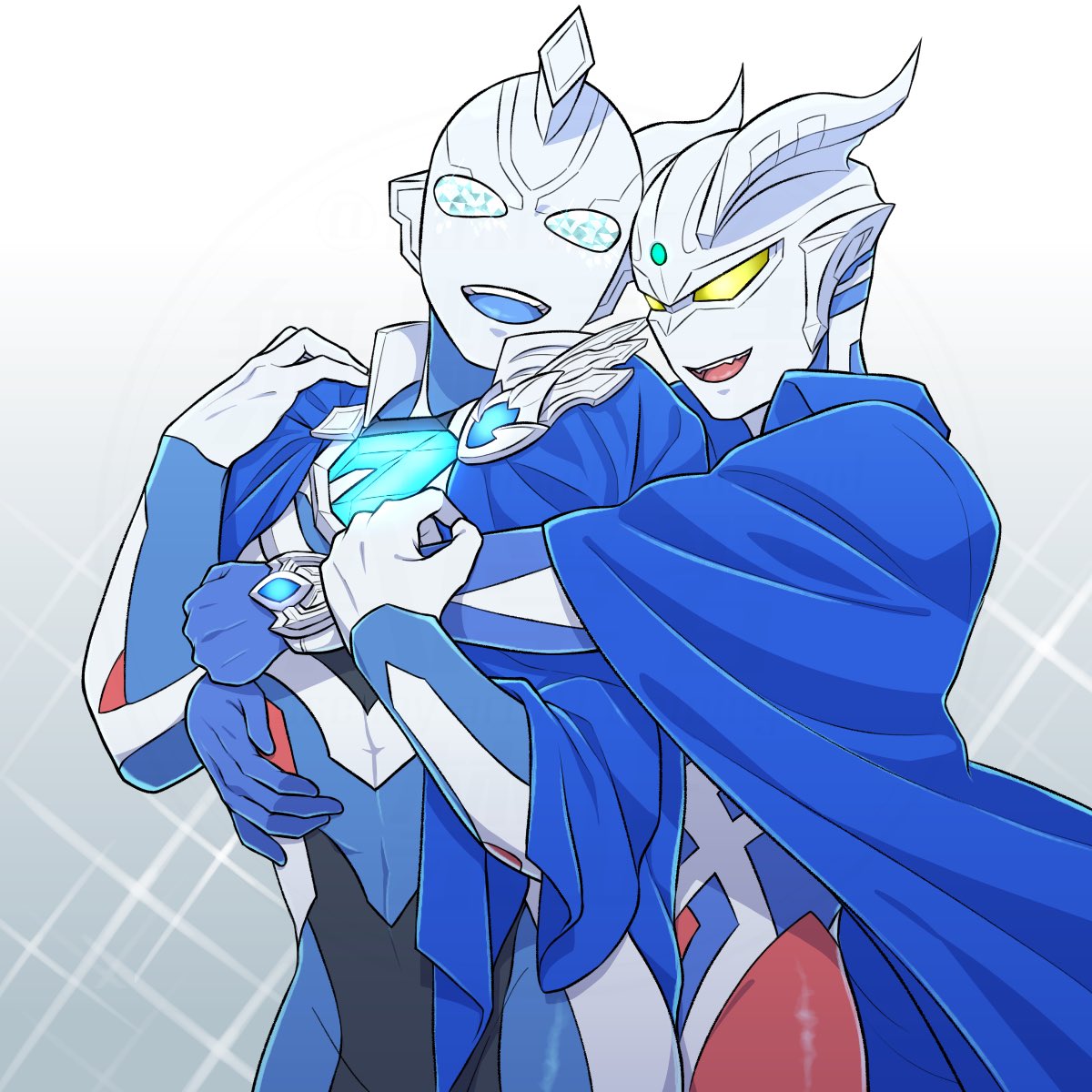 nikawa (moromi), ultraman z, ultraman z (original), ultraman zero, ultra galaxy (series), ultra series, ultraman z (series), commentary, highres, 2boys, :d, abs, alien, armor, black skin, blue cape, blue eyes, blue skin, blue tongue, breastplate, brooch, cape, clenched hand, color timer, colored skin, colored tongue, compound eyes, dorsal fin, eye slugger, fangs, forehead jewel, gem, gradient background, green gemstone, grey background, hand on another's arm, hand on own shoulder, hug, hug from behind, jewelry, looking at another, male focus, multiple boys, muscular, muscular male, open mouth, pectorals, red skin, silver skin, smile, standing, tokusatsu, two-tone background, ultra bracelet (ultraman zero), upper body, white background, yellow eyes