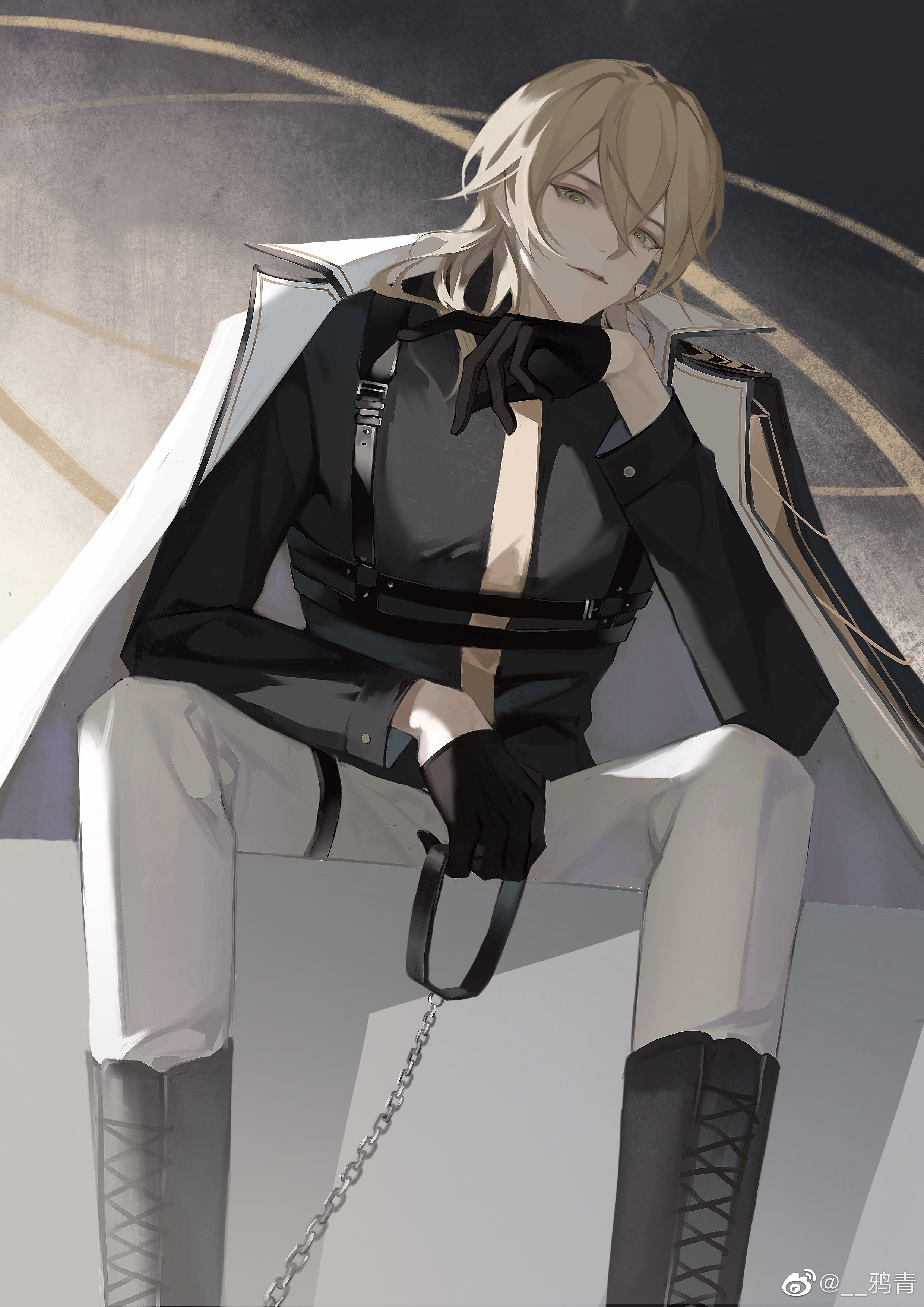 yaqing, alkaid mcgrath, alkaid mcgrath (infinite empire), lovebrush chronicles, absurdres, chinese commentary, highres, 1boy, aiguillette, black background, black boots, black gloves, blonde hair, boots, chain, chain leash, chest harness, coat, coat on shoulders, collared shirt, elbow on knee, elbow on thigh, feet out of frame, from below, gloves, gradient background, green eyes, hair between eyes, half gloves, hand up, harness, holding, holding leash, lace-up boots, leash, long sleeves, looking at viewer, looking down, male focus, medium hair, military uniform, necktie, pants, parted lips, shirt, shirt tucked in, sitting, smile, solo, spread legs, thigh strap, watermark, weibo watermark, white background, white coat, white pants, yellow necktie