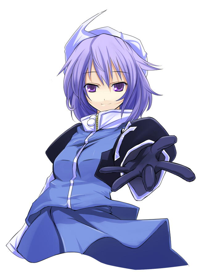 batsu, iyuu, letty whiterock, advent cirno, touhou, 1girl, alternate costume, beckoning, contemporary, female focus, foreshortening, gloves, hat, purple eyes, purple hair, simple background, smile, solo, zipper