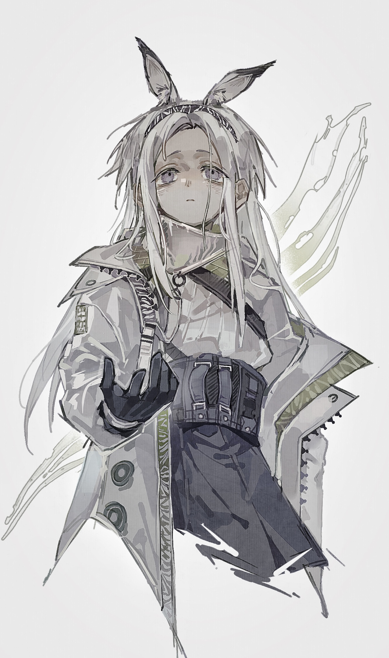 huaique, heavyrain (arknights), arknights, chinese commentary, commentary request, highres, 1girl, animal ears, black gloves, black skirt, closed mouth, cowboy shot, expressionless, gloves, grey background, grey hair, grey jacket, horse ears, jacket, long hair, long sleeves, looking at viewer, purple eyes, simple background, skirt, solo, standing, sweater, zebra ears, zebra girl