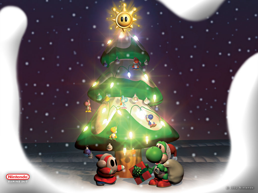 shy guy, yoshi, nintendo, tagme, 2002, bag, christmas, christmas tree, copyright name, earmuffs, full body, gift, hat, santa costume, santa hat, snow