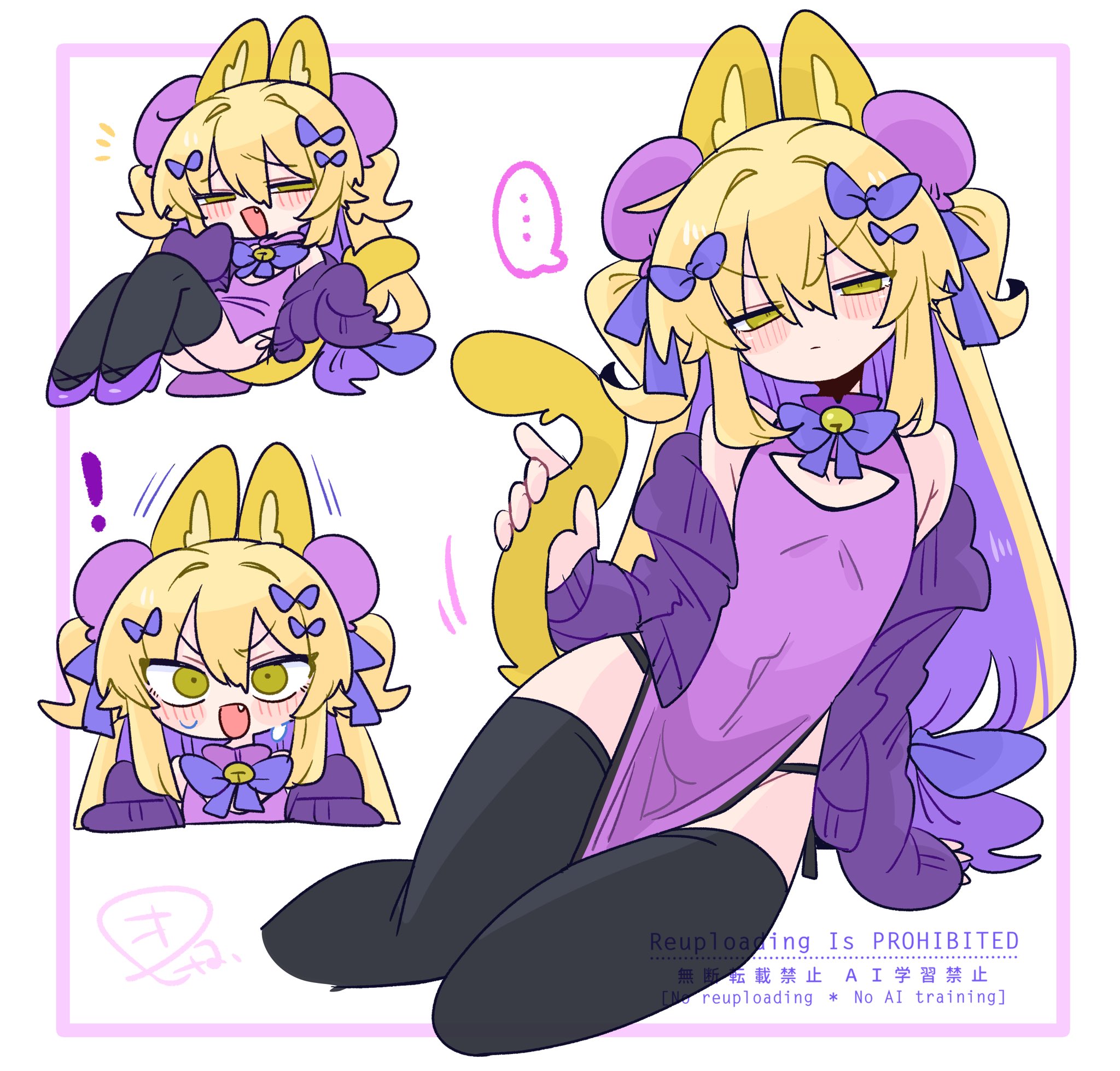op na yarou, original, commentary, highres, !, …, 1boy, animal ears, bare shoulders, bell, black panties, black thighhighs, blonde hair, blush, bow, bowtie, bulge, bun cover, cardigan, cat boy, cat ears, cat tail, chibi, china dress, chinese clothes, cleavage cutout, closed mouth, clothing cutout, colored inner hair, covered navel, crossdressing, crossdressing (mtf), double-parted bangs, double bun, dress, embarrassed, fake animal ears, fang, feet out of frame, full body, hair between eyes, hair bow, hair bun, hair intakes, hand up, hands up, high heels, holding, holding own tail, kapela (op na yarou), knees up, leaning back, long hair, looking at viewer, male focus, multicolored hair, multiple hair bows, multiple views, narrowed eyes, neck bell, no nose, off shoulder, open cardigan, open clothes, open mouth, panties, panty straps, pelvic curtain, pink dress, portrait, purple bow, purple bowtie, purple cardigan, purple hair, purple shoes, raised inner eyebrows, reclining, shoes, side-tie panties, side slit, sidelocks, simple background, sitting, sleeveless, sleeveless dress, sleeves past fingers, sleeves past wrists, speech bubble, spoken ellipsis, surprised, sweatdrop, tail, teasing, thighhighs, thighs, trap, two-tone hair, two side up, underwear, v-shaped eyebrows, watermark, white background, wide-eyed, yellow eyes, yellow tail