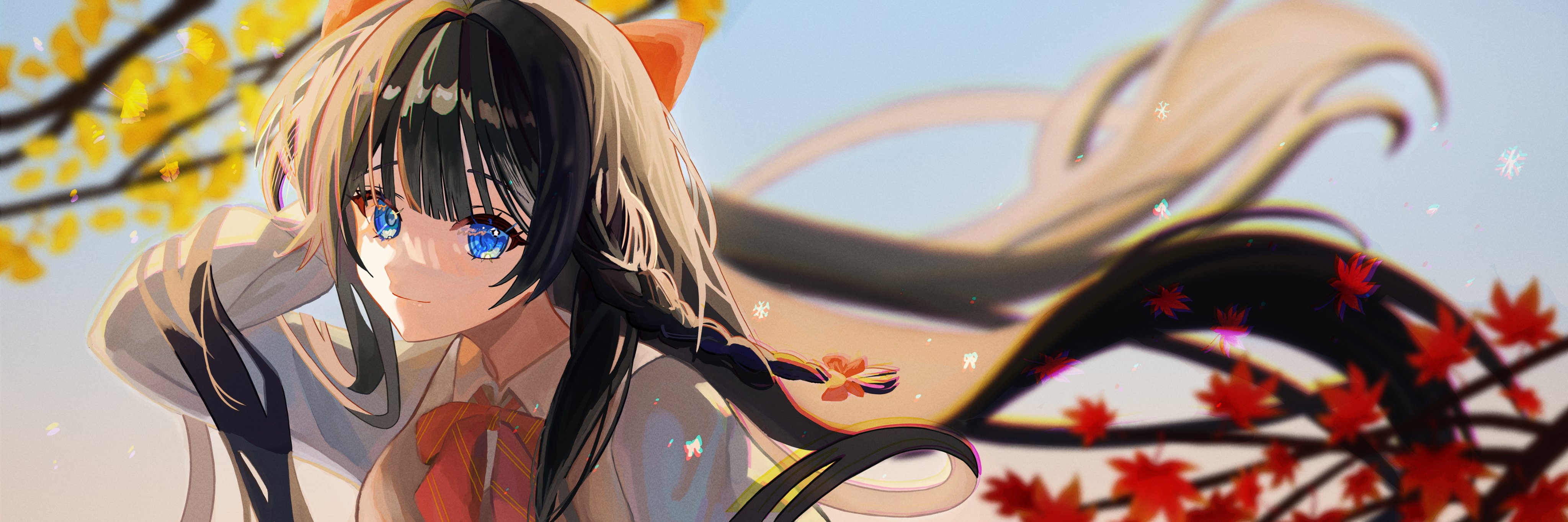 yeoun, shirayuki hina, stellive, absurdres, commentary, highres, symbol-only commentary, 1girl, autumn leaves, black hair, blurry, blurry background, blush, bow, bowtie, braid, chromatic aberration, closed mouth, collared shirt, day, depth of field, diagonal-striped clothes, diagonal-striped necktie, leaf, long hair, looking at viewer, necktie, outdoors, red bow, red bowtie, shirt, solo, striped clothes, swimsuit, very long hair, virtual youtuber, white shirt, wing collar, wispy bangs