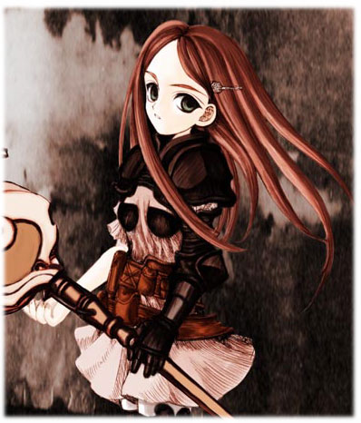 ritz malheur, final fantasy, final fantasy tactics, final fantasy tactics advance, lowres, 1girl, armor, female focus, gloves, green eyes, hair ornament, hairclip, long hair, red hair, rod, solo