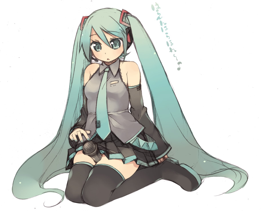 kashiwamochi yomogi, hatsune miku, vocaloid, blue eyes, blue hair, detached sleeves, green eyes, green hair, kneeling, long hair, microphone, necktie, skirt, solo, thighhighs, twintails, zettai ryouiki