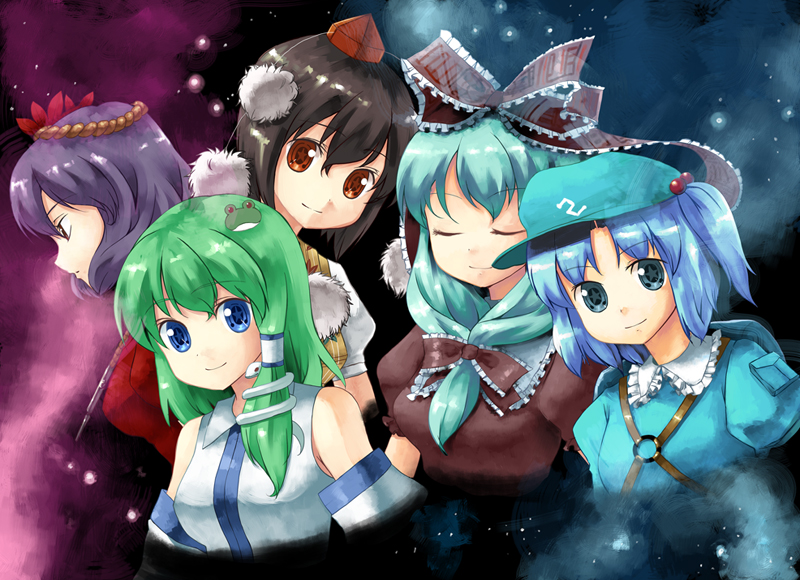 b-ginga, kagiyama hina, kawashiro nitori, kochiya sanae, shameimaru aya, yasaka kanako, hokuto no ken, touhou, bad id, bad pixiv id, 5girls, black hair, blue eyes, blue hair, closed eyes, female focus, front ponytail, green hair, hat, multiple girls, parody, purple hair, red eyes, smile, star (sky), symbol-shaped pupils, two side up