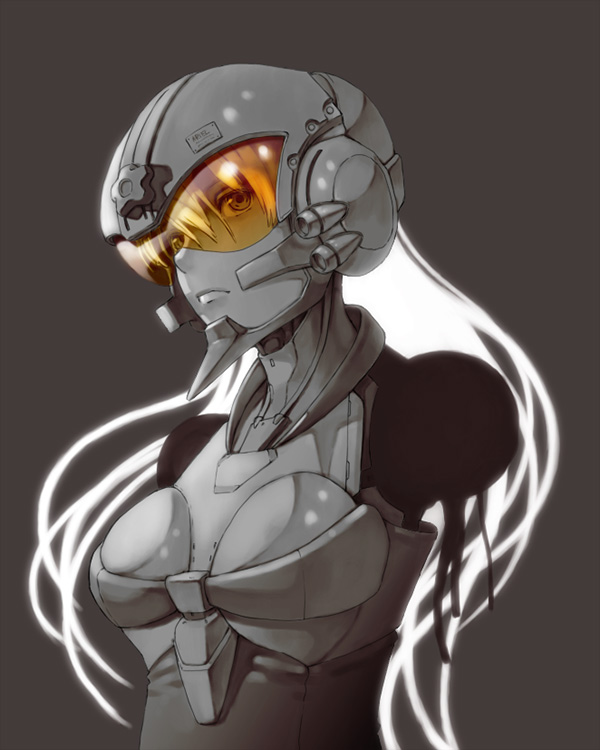 mars (artist), shizuma yoshinori, ariel (robot), ariel (novel), visor, 1girl, android, assault visor, damaged, female focus, helmet, long hair, mecha, monochrome, robot, soldier, solo, spot color, white hair