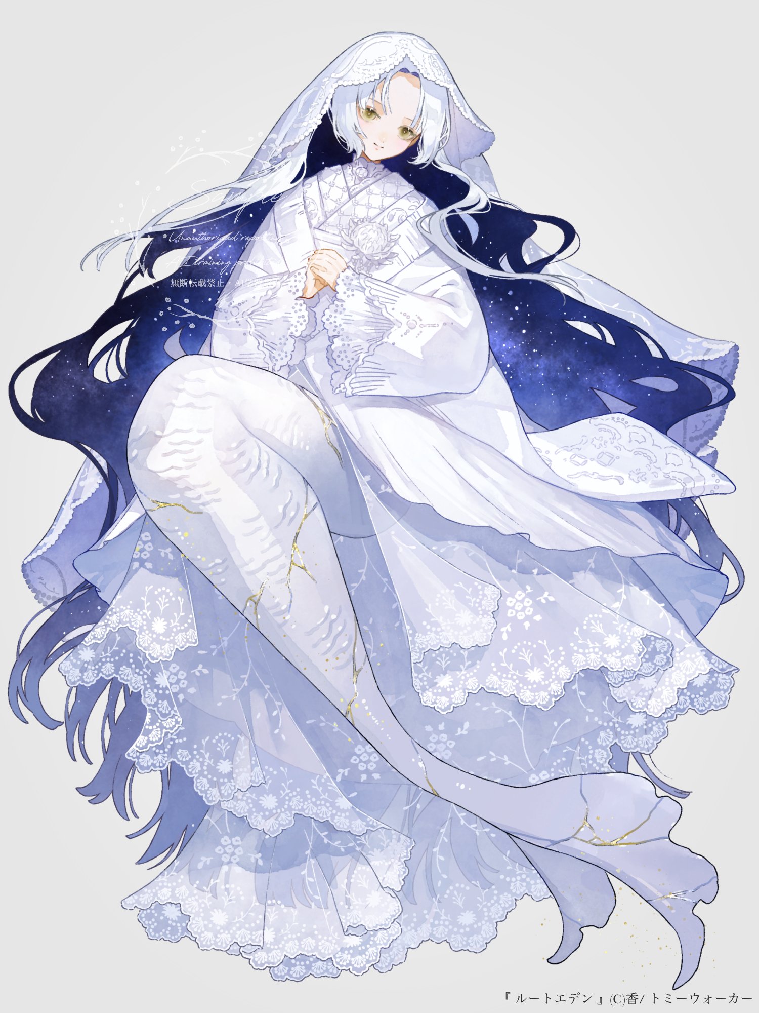 kao o0, original, highres, 1girl, blue hair, closed mouth, colored inner hair, copyright notice, corsage, cracked skin, curtained hair, epiphyllum, fist in hand, flower, full body, grey background, haori, head tilt, jacket, japanese clothes, kimono, kintsugi, knees up, lace, lace-trimmed kimono, lace trim, layered kimono, long hair, long sleeves, looking at viewer, mermaid, monster girl, multicolored hair, own hands together, parted bangs, sample watermark, see-through dress layer, shirt, shirt under kimono, simple background, smile, solo, starry hair, veil, very long hair, watermark, wavy hair, white flower, white hair, white jacket, white kimono, white shirt, white veil, yellow eyes