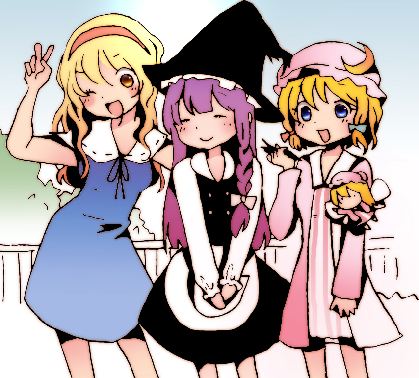 koroneri, alice margatroid, kirisame marisa, patchouli knowledge, shanghai doll, touhou, 3girls, alice margatroid (cosplay), alternate hairstyle, blonde hair, braid, cosplay, costume switch, female focus, kirisame marisa (cosplay), matching shanghai, multiple girls, one eye closed, patchouli knowledge (cosplay), v, wink