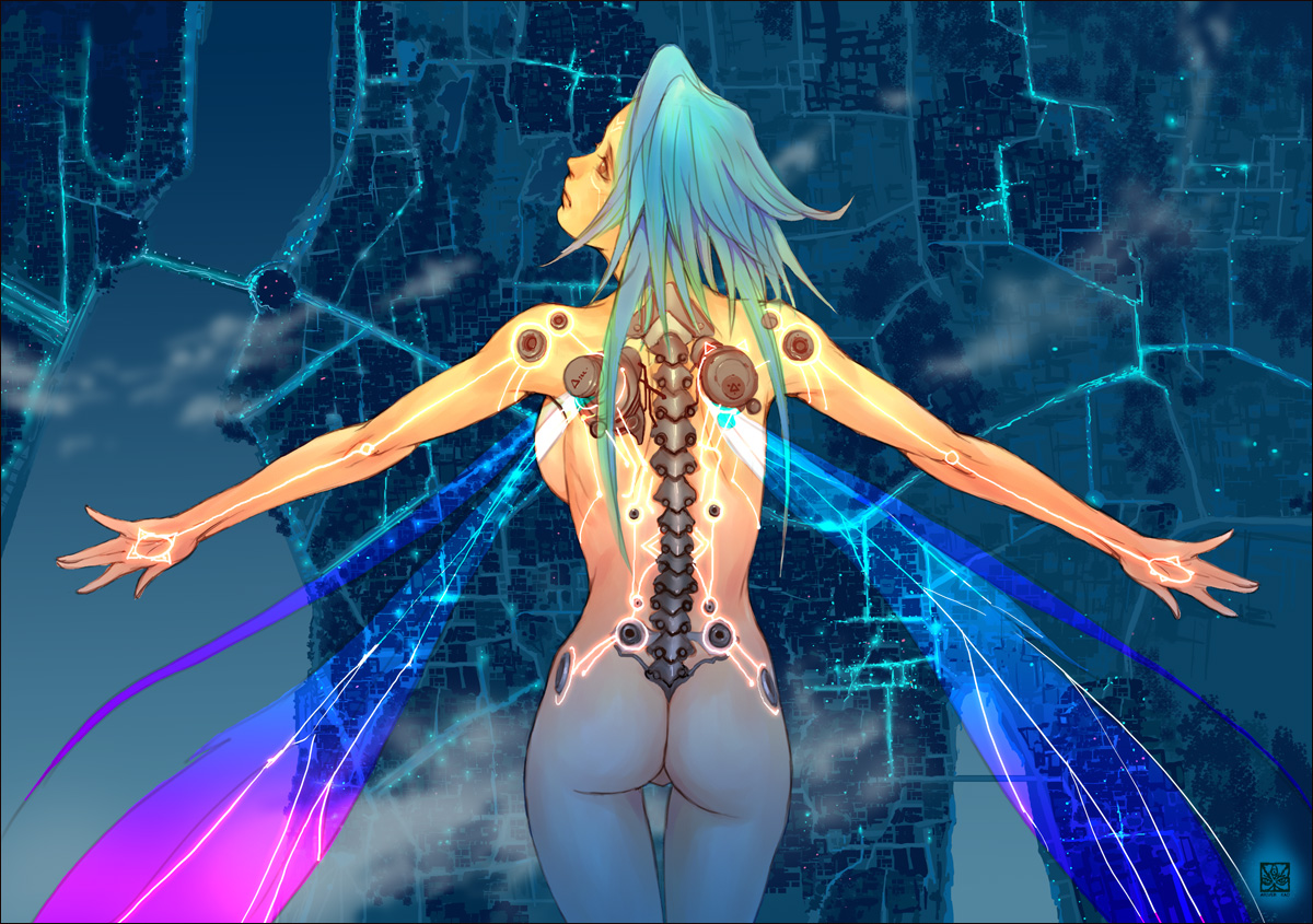 ariverkao, original, 1girl, android, ass, backbone, blue hair, breasts, cyborg, female focus, flying, large breasts, no pussy, nude, solo, spine, wings