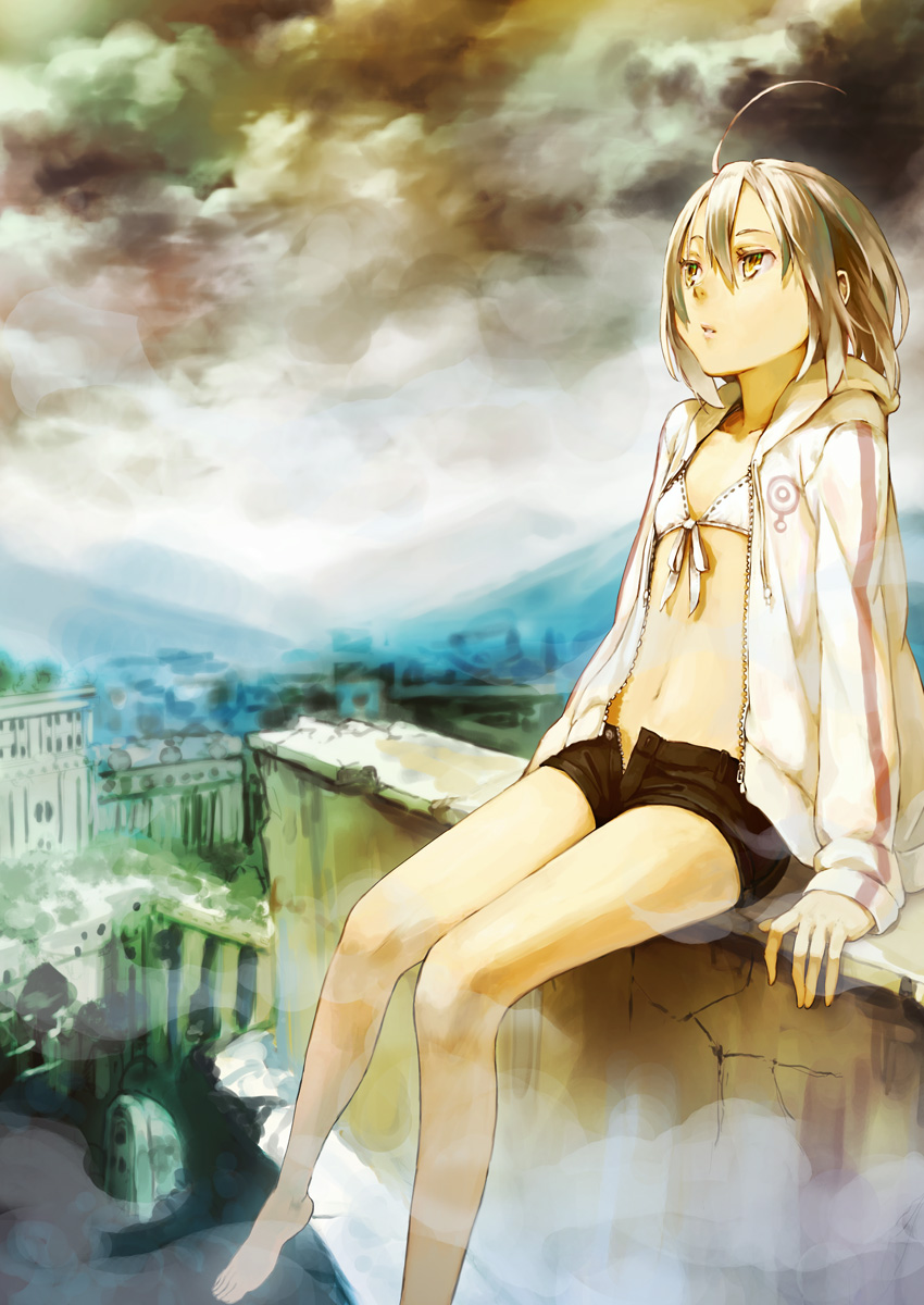 houru, original, highres, 1girl, ahoge, barefoot, bikini, bikini top only, blonde hair, bra, cloud, female focus, flat chest, front-tie top, hood, hoodie, jacket, ledge, lingerie, midriff, navel, open clothes, open fly, open shirt, shirt, short hair, short shorts, shorts, sitting, sky, solo, swimsuit, underwear, unzipped, white hair, yellow eyes