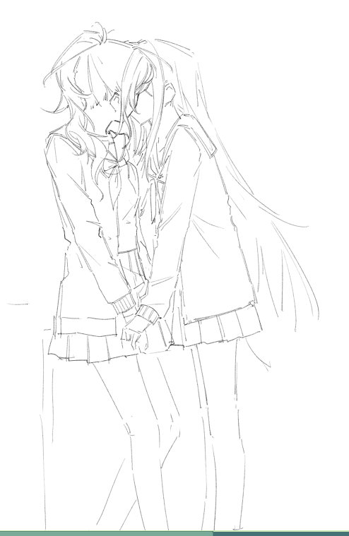 yakumokon, asahina mafuyu, yoisaki kanade, project sekai, 2girls, greyscale, holding hands, kiss, long hair, monochrome, multiple girls, neckerchief, pleated skirt, ponytail, school uniform, serafuku, skirt