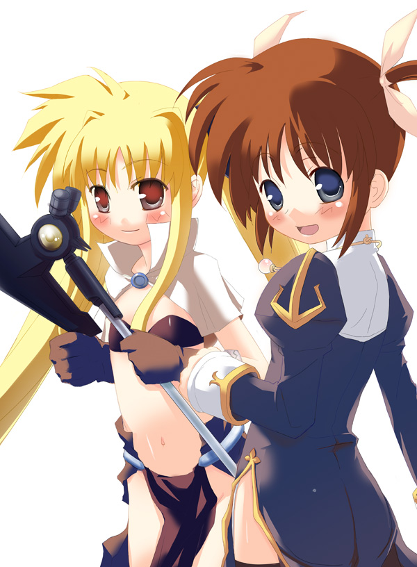 bardiche (assault form) (nanoha), bardiche (nanoha), fate testarossa, mage (ragnarok online), priest (ragnarok online), takamachi nanoha, lyrical nanoha, mahou shoujo lyrical nanoha, ragnarok online, bad id, bad pixiv id, 2girls, axe, blonde hair, blue eyes, brown hair, cosplay, hair intakes, long hair, multiple girls, pelvic curtain, purple eyes, red eyes, simple background, thighhighs, twintails, weapon, white background
