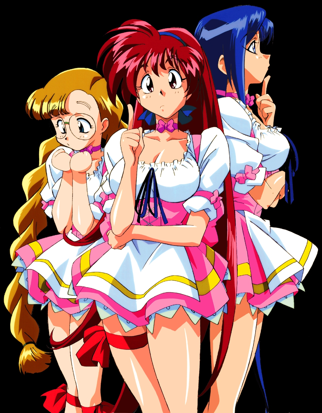 kimura takahiro, honjoji akira, karin (viper), saki (viper), viper (series), viper v16, highres, official art, 1990s (style), 3girls, blonde hair, blue hair, braid, dress, glasses, long hair, miniskirt, multiple girls, ponytail, red hair, retro artstyle, short dress, shy, skirt, twin braids, very long hair, waitress