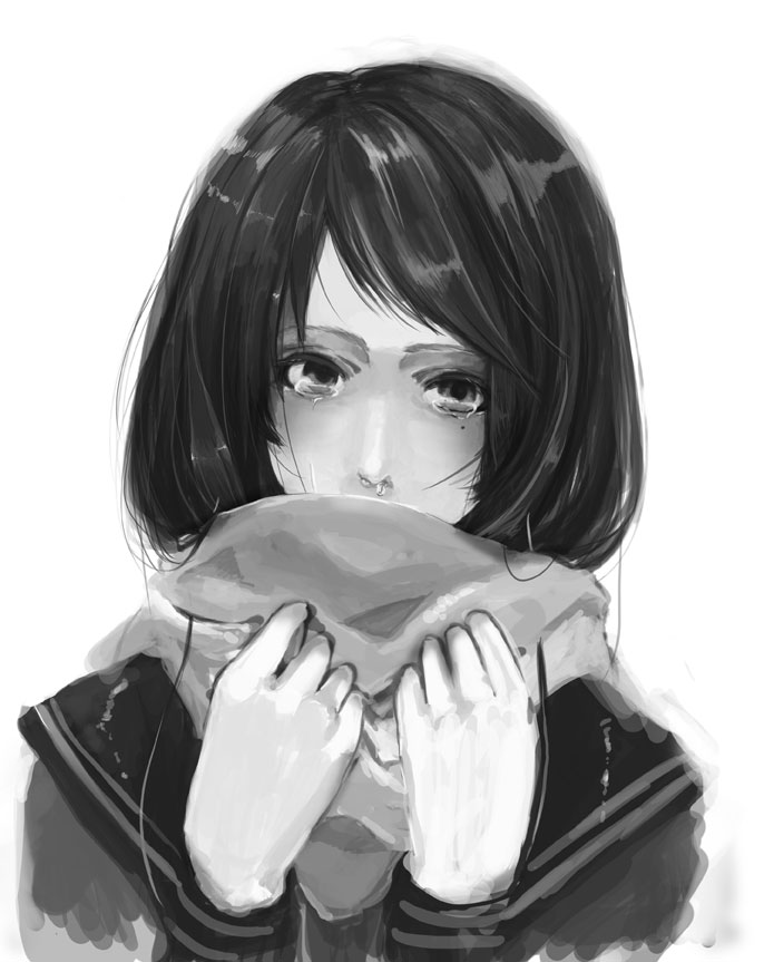 katou taira, 1girl, black hair, covering own mouth, female focus, greyscale, mole, mole under eye, monochrome, portrait, sad, scarf, scarf over mouth, school uniform, snot, solo, tears