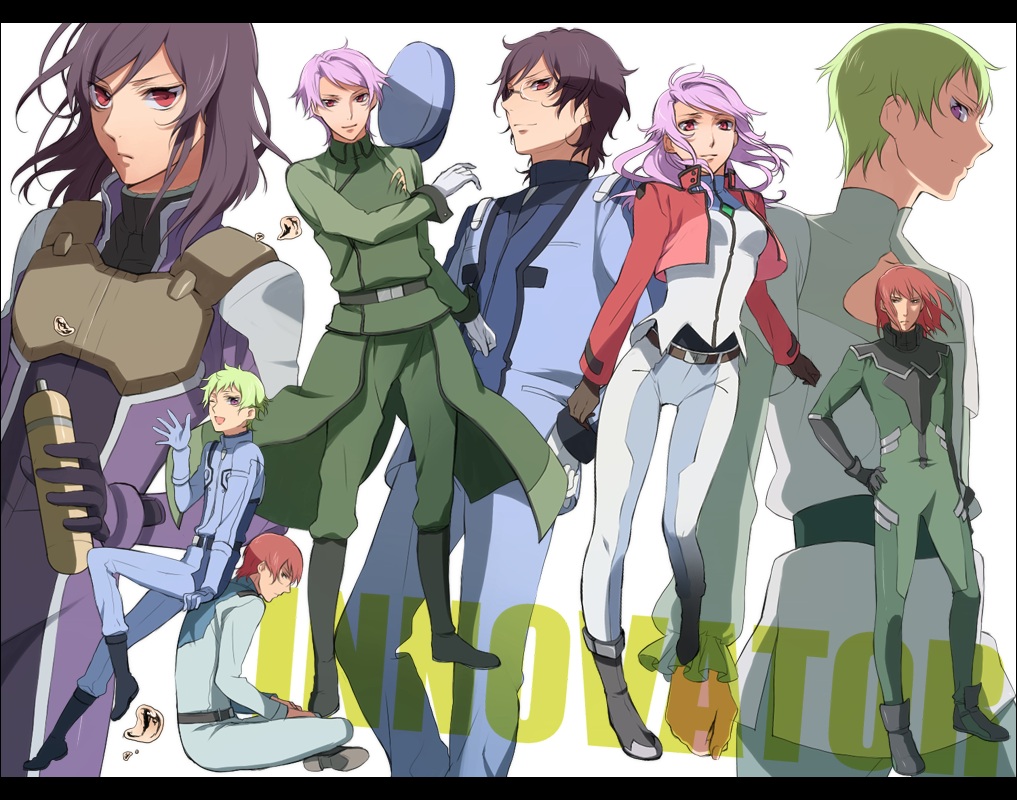murakami yuichi, anew returner, bring stabity, hilling care, regene regetta, revive revival, ribbons almark, tieria erde, gundam, gundam 00, bad id, bad pixiv id, 00s, 2girls, 6+boys, glasses, green hair, innovators, innovators (gundam 00), multiple boys, multiple girls, purple eyes, purple hair, red eyes, red hair, short hair