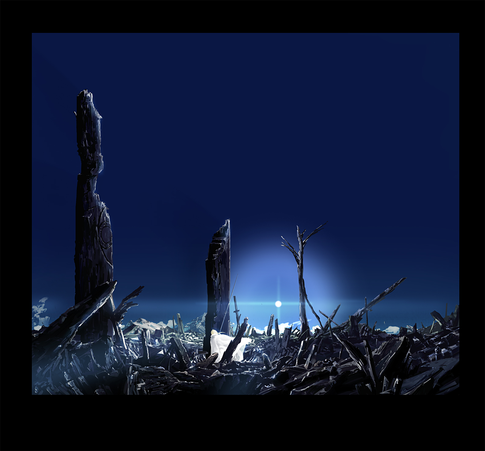 katou taira, original, bad id, bad pixiv id, highres, ruins, scenery, solo, sun