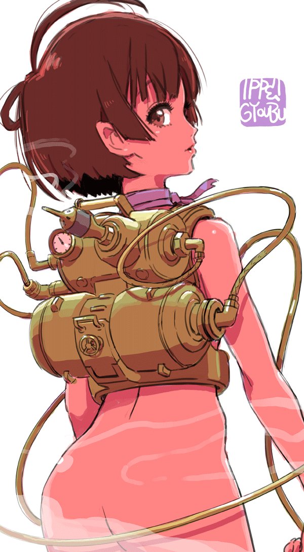 gyoubu ippei, mumei (kabaneri), koutetsujou no kabaneri, 1girl, ass, brown eyes, brown hair, choker, looking at viewer, pointy ears, ribbon choker, short hair, simple background, solo, white background