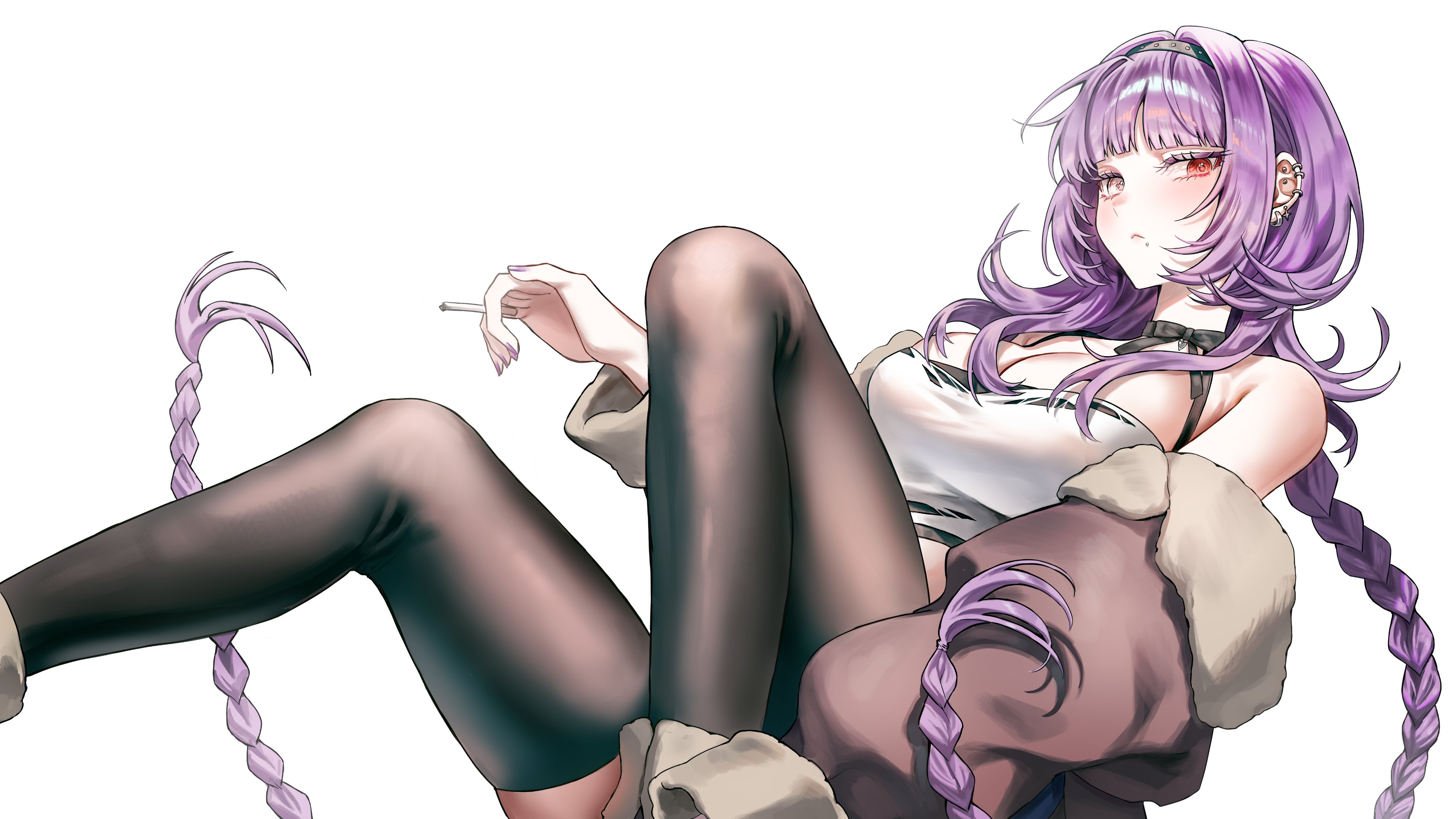 someang, vin (someang), original, absurdres, commentary, highres, 1girl, bare shoulders, black choker, black thighhighs, braid, breasts, brown jacket, choker, cigarette, cleavage, closed mouth, crop top, expressionless, face piercing, hairband, heterochromia, holding, holding cigarette, jacket, knees up, large breasts, long hair, long sleeves, looking at viewer, midriff, mouth piercing, off shoulder, piercing, puffy long sleeves, puffy sleeves, purple hair, red eyes, ribbon choker, shirt, simple background, sleeveless, sleeveless shirt, solo, thighhighs, torn clothes, torn shirt, twin braids, very long hair, white background, white shirt, yellow eyes