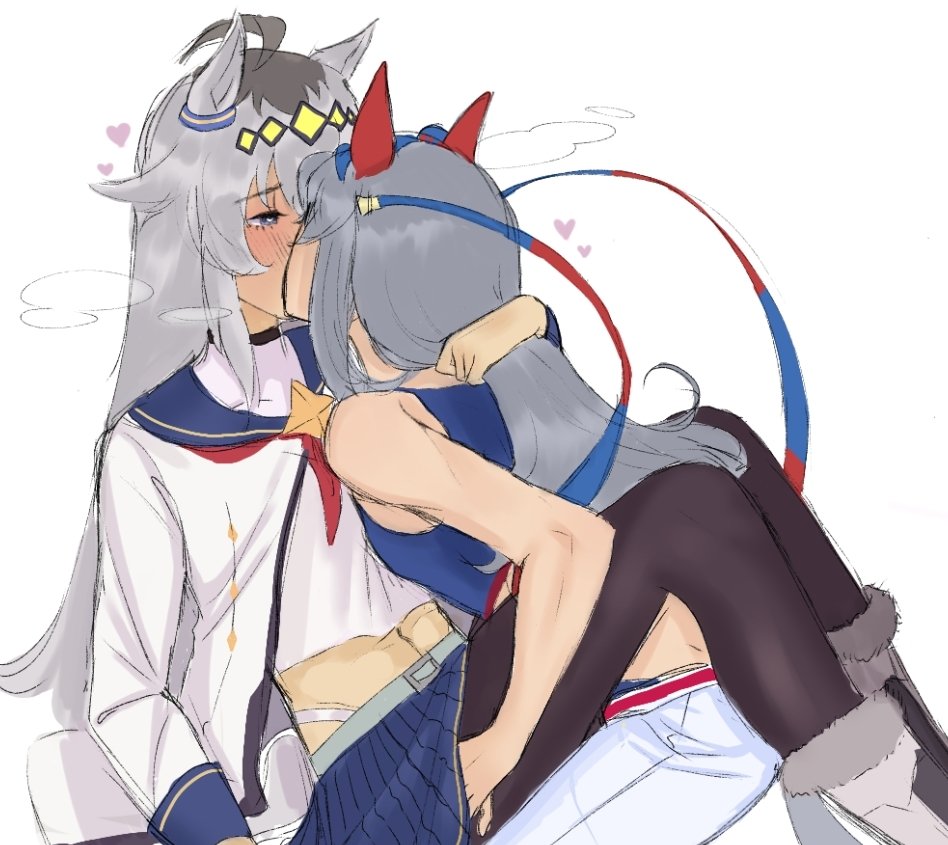oguri cap (umamusume), tamamo cross (umamusume), umamusume, umamusume: cinderella gray, commentary, english commentary, 2girls, ahoge, animal ears, bare arms, between legs, black pantyhose, blue sailor collar, blue shirt, blue skirt, blush, bnuyrabbit, grey hair, heart, horse ears, horse girl, kiss, long hair, midriff, multicolored hair, multiple girls, pants, pantyhose, pleated skirt, roots (hair), sailor collar, school uniform, serafuku, shirt, simple background, skirt, sleeveless, sleeveless shirt, white background, white pants, white shirt, yuri