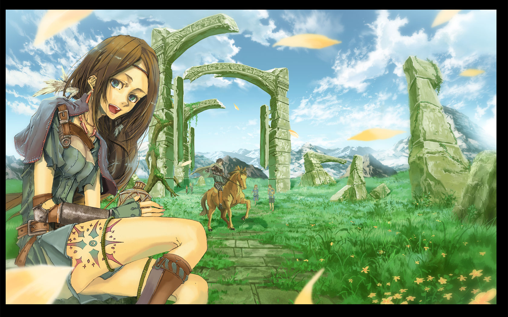 katou taira, bad id, bad pixiv id, highres, 2boys, 2girls, blue eyes, brown hair, cloud, day, fantasy, feathers, grass, horse, horseback riding, long hair, multiple boys, multiple girls, open mouth, riding, scenery, sky, tattoo