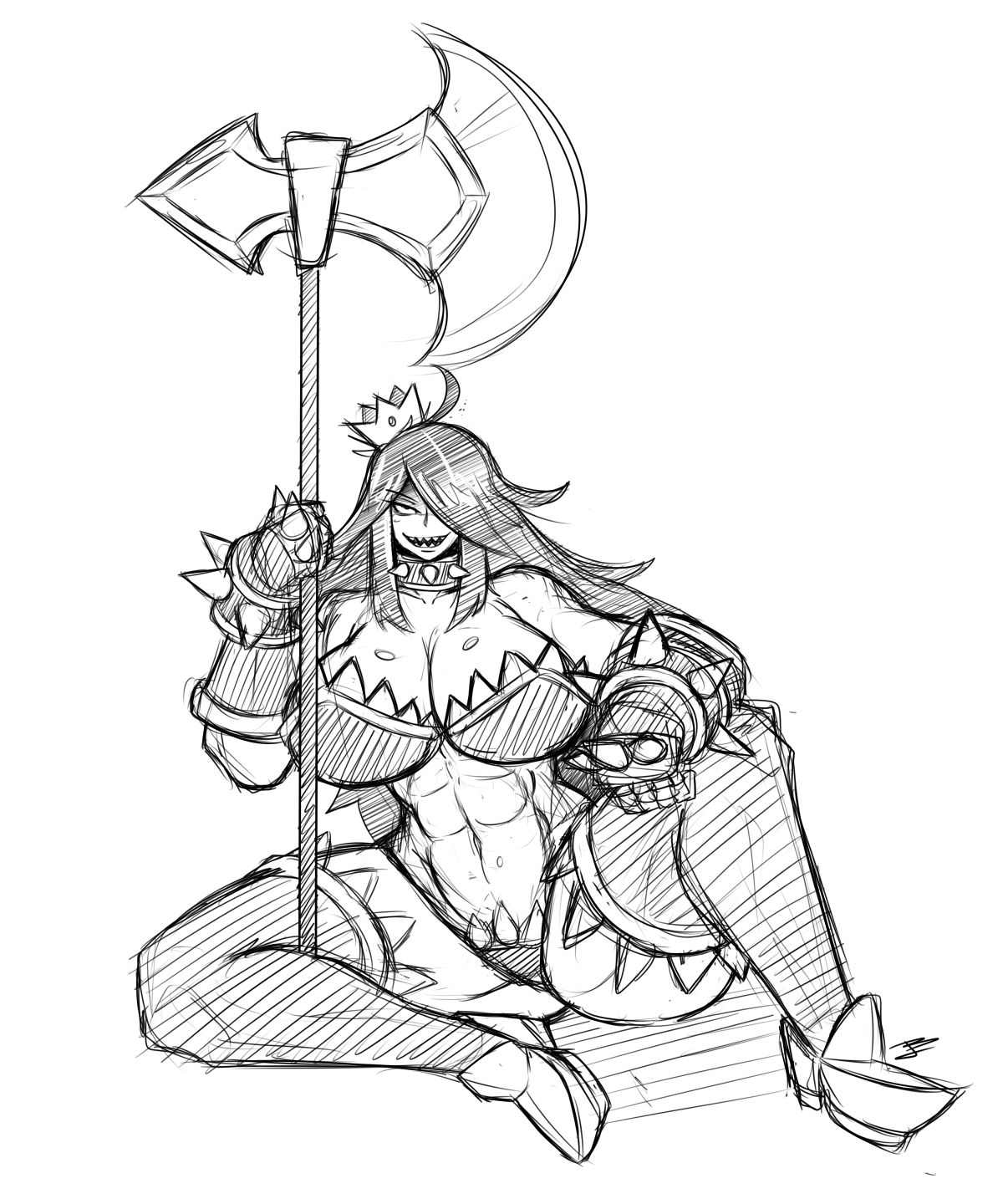 kimyouna juju, erebus (breeding season), breeding season, commentary, english commentary, highres, 1girl, 2014, abs, armlet, armor, armored boots, axe, bare shoulders, battle axe, bikini armor, black hair, boots, breasts, choker, crown, female focus, fingerless gloves, full body, gloves, hair over one eye, hand on own knee, huge breasts, huge weapon, jewelry, legs apart, long hair, looking at viewer, monochrome, muscular, muscular female, navel, planted, sharp teeth, simple background, sitting, solo, spiked choker, spikes, straight hair, teeth, thick thighs, thighhighs, thighs, weapon, white background