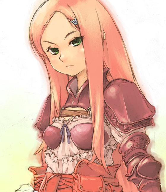 mori yoichi, ritz malheur, final fantasy, final fantasy tactics, final fantasy tactics advance, md5 mismatch, resolution mismatch, source smaller, 1girl, armor, female focus, gradient background, green eyes, hair ornament, hairclip, long hair, pink hair, ribbon, solo