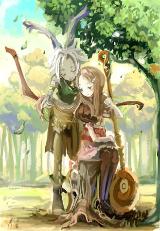 ritz malheur, shara, final fantasy, final fantasy tactics, final fantasy tactics advance, lowres, 2girls, animal ears, blue eyes, bow (weapon), brown hair, hair ornament, hairclip, long hair, multiple girls, rabbit ears, rod, smile, tree, viera, weapon, white hair
