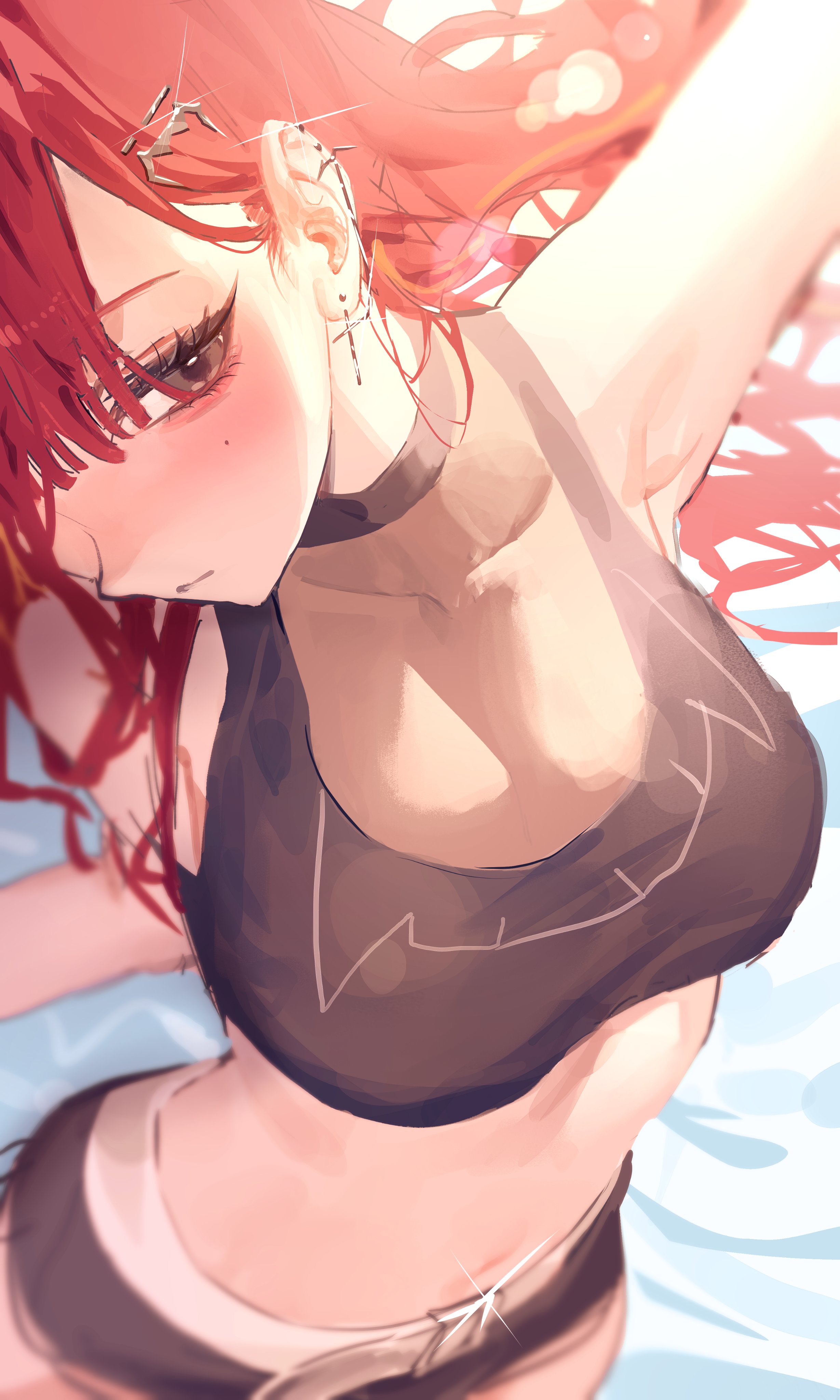 cf sdg, akane lize, stellive, absurdres, commentary, commentary request, english commentary, highres, korean commentary, 1girl, arm up, armpits, belt, belt buckle, black choker, black shorts, black sports bra, blurry edges, breasts, buckle, choker, closed mouth, collarbone, cowboy shot, cross, cross earrings, ear focus, earrings, eyelashes, glint, grey eyes, hair between eyes, hair ornament, jewelry, large breasts, long bangs, long hair, mole, mole under eye, no shirt, parted bangs, red hair, short shorts, shorts, solo, sports bra, stomach, virtual youtuber