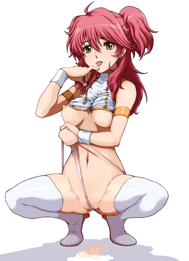 tabigarasu, nena trinity, gundam, gundam 00, 00s, 1girl, breasts, condom, cum, cum on body, cum on breasts, cum on clothes, cum on upper body, female focus, frontal wedgie, gongol011, long hair, medium breasts, nipple slip, nipples, panties, panty lift, pussy, self wedgie, solo, thighhighs, tongue, uncensored, underboob, underwear, used condom, wedgie