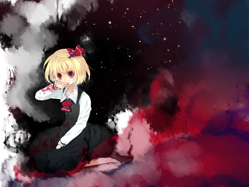 r/k, rumia, embodiment of scarlet devil, touhou, 1girl, blonde hair, blood, darkness, female focus, hair ribbon, red eyes, ribbon, short hair, solo, star (symbol)