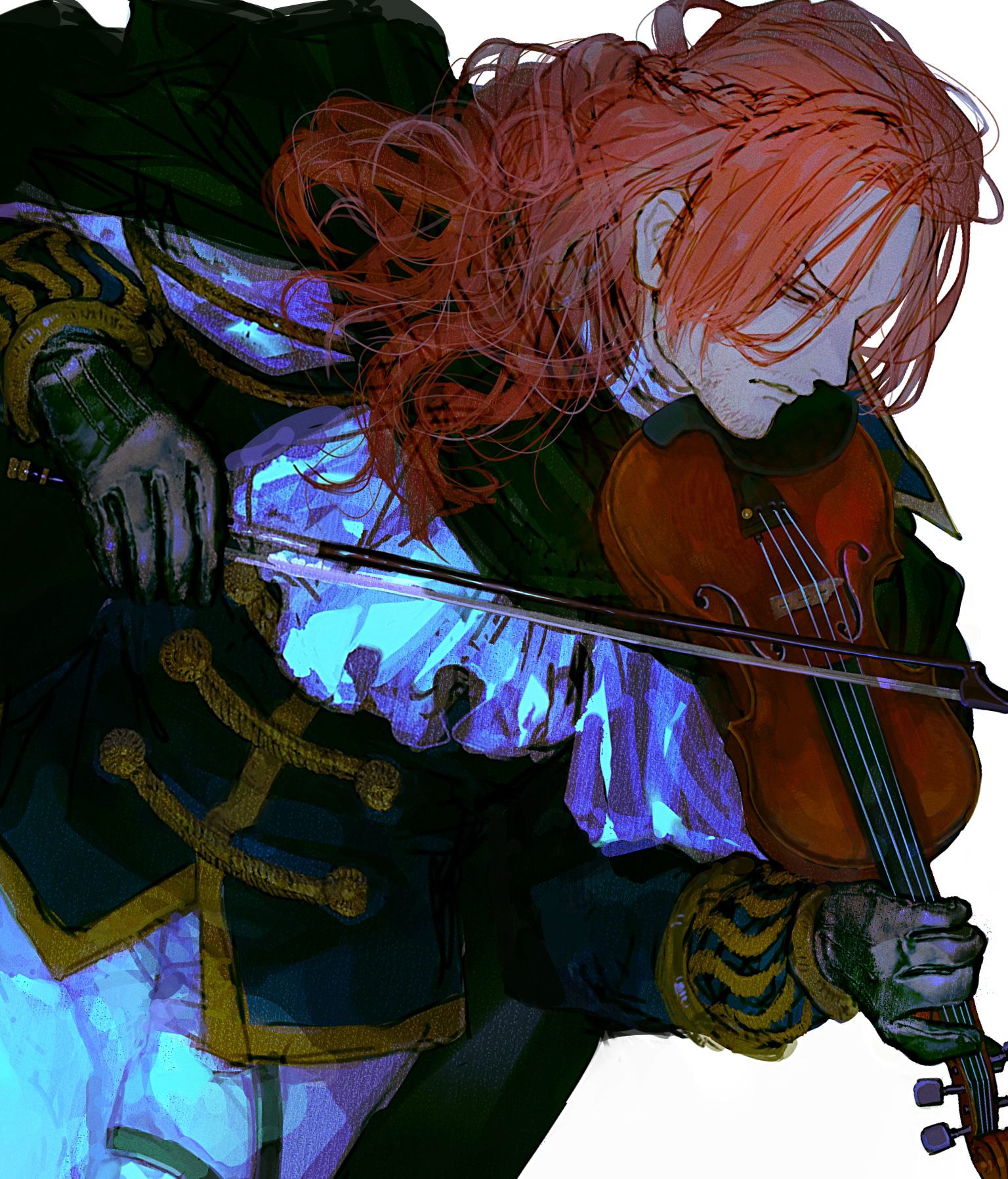 leirion5, figarland shamrock, one piece, commentary request, highres, 1boy, ascot, black gloves, bow (music), braid, closed mouth, gloves, holding, holding instrument, instrument, long sleeves, male focus, messy hair, music, parted lips, playing instrument, red hair, simple background, sparse stubble, upper body, violin, white ascot, white background