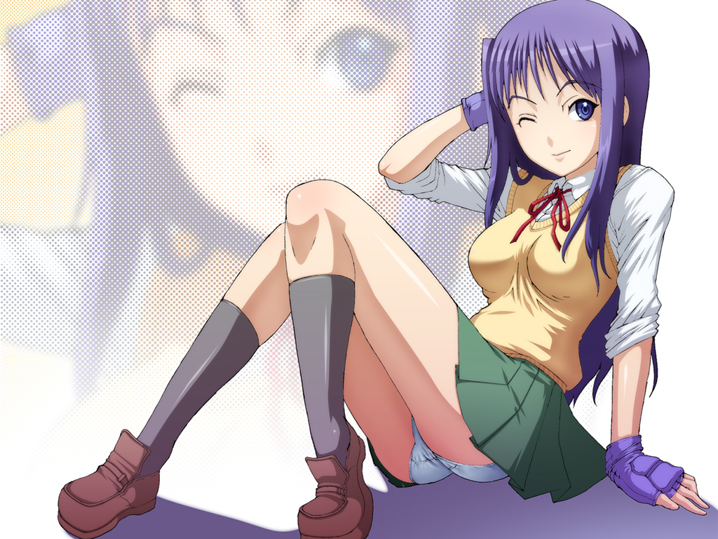 tabigarasu, kurusugawa ayaka, to heart, to heart (series), bad id, bad pixiv id, 1girl, blue eyes, blue hair, female focus, fingerless gloves, gloves, gongol011, long hair, matching hair/eyes, one eye closed, panties, pantyshot, school uniform, sitting, sleeves rolled up, solo, underwear, wink, zoom layer