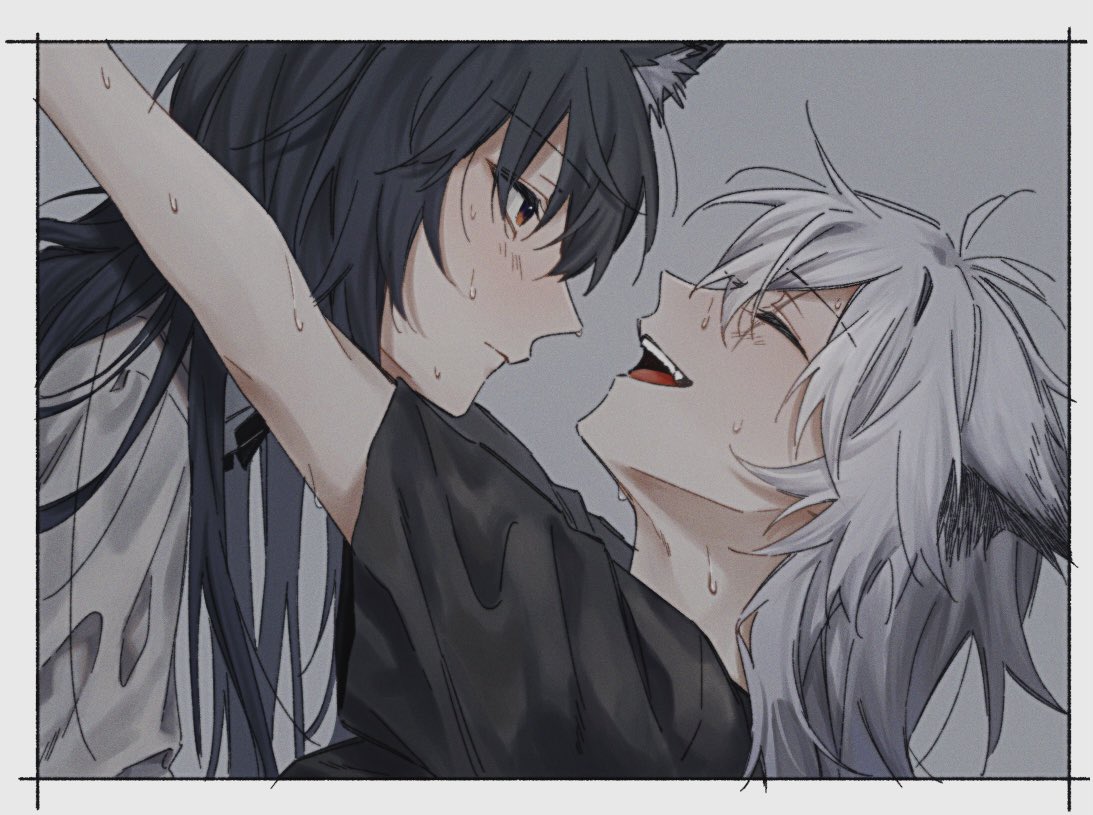 notf 404, lappland (arknights), texas (arknights), arknights, commentary, 2girls, animal ears, black hair, black shirt, closed eyes, closed mouth, grey background, long hair, multiple girls, open mouth, orange eyes, shirt, smile, sweat, white shirt, wolf ears, yuri