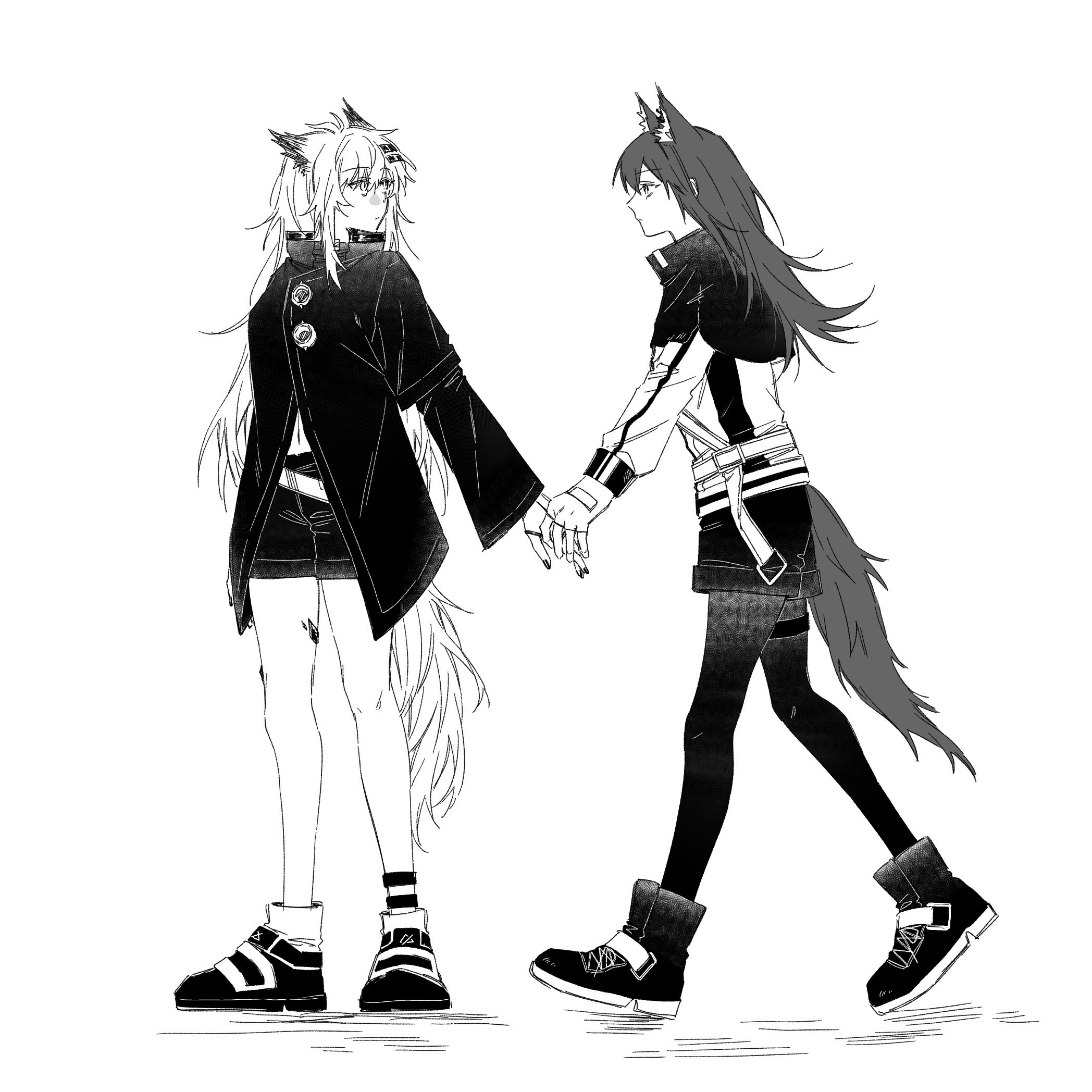 notf 404, lappland (arknights), texas (arknights), arknights, commentary, highres, 2girls, animal ears, closed mouth, expressionless, greyscale, holding hands, jacket, long hair, looking at another, material growth, monochrome, multiple girls, oripathy lesion (arknights), pantyhose, pantyhose under shorts, shoes, shorts, tail, thigh strap, wolf ears, wolf tail