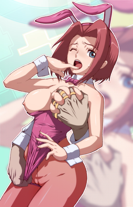 tabigarasu, kouzuki kallen, code geass, bad id, bad pixiv id, 00s, 1girl, animal ears, breasts, cameltoe, fake animal ears, fishnet pantyhose, fishnets, frontal wedgie, gongol011, grabbing another's breast, groping, no panties, open mouth, pantyhose, playboy bunny, rabbit ears, red hair, short hair, solo focus, wedgie, zoom layer