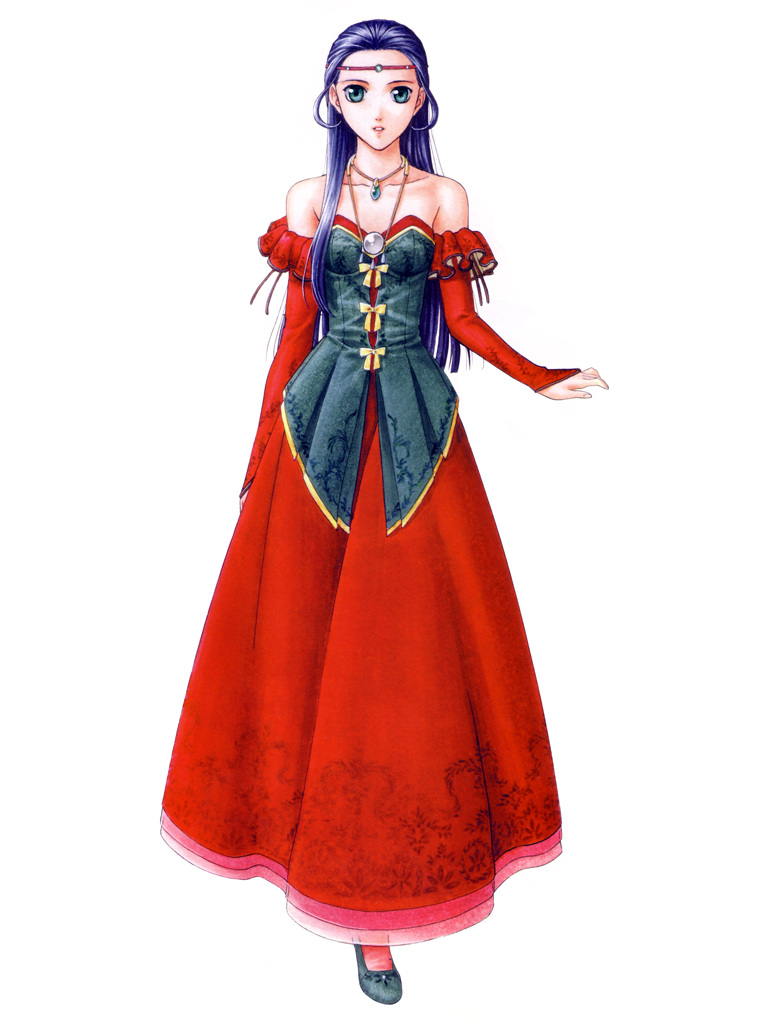 ishikawa fumi, jillia blight, gensou suikoden, gensou suikoden ii, gensou suikogaiden, official art, 1girl, bare shoulders, blue eyes, blue hair, bow, circlet, detached sleeves, dress, female focus, flat chest, frills, full body, gathers, jewelry, long hair, matching hair/eyes, necklace, pendant, purple hair, shoes, simple background, smile, solo, standing