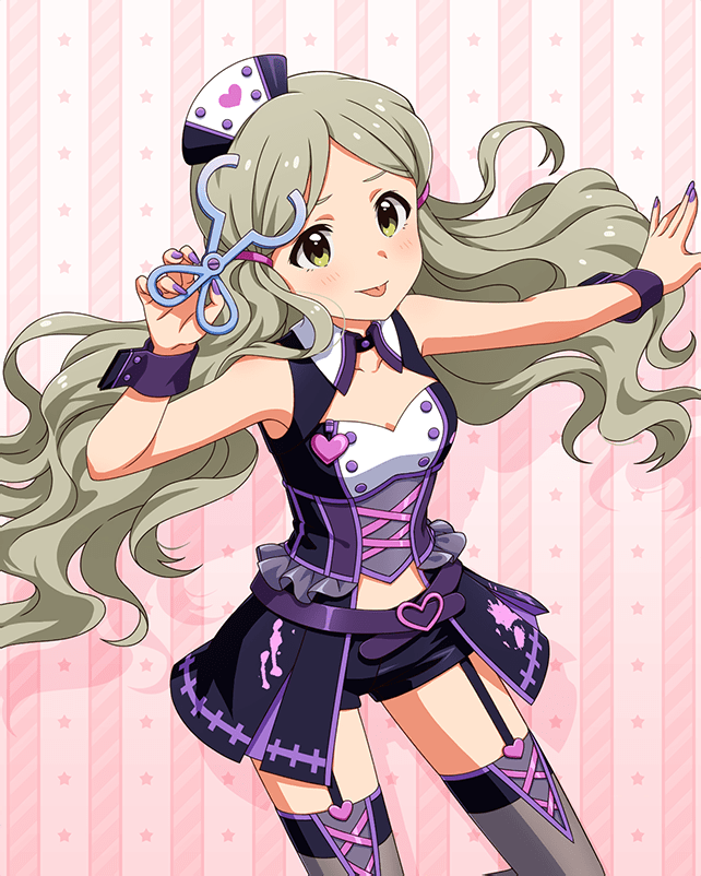 handa roco, idolmaster, idolmaster million live!, idolmaster million live! theater days, official art, 1girl, belt, breasts, card (medium), cleavage, concept take care (idolmaster), corset, frills, garter straps, green eyes, green hair, hat, heart, holding, mini hat, nail polish, short shorts, shorts, solo, splatter, star (symbol), thighhighs, tongue, tongue out, tools, wrist cuffs