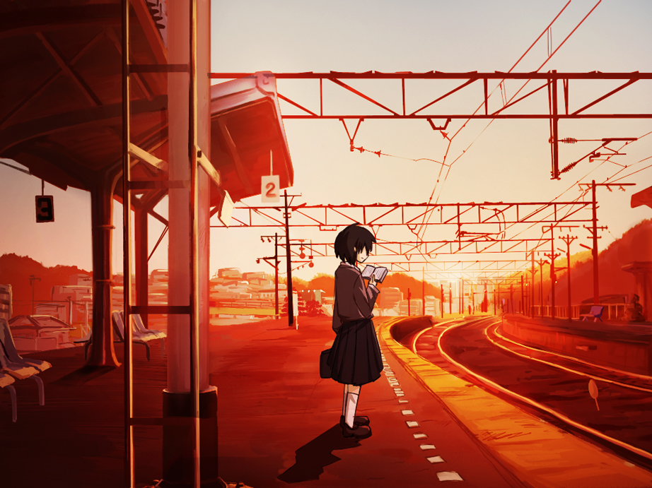 arukigusa, original, bad id, bad pixiv id, book, brown hair, open book, reading, school uniform, short hair, skirt, solo, sunset, train station