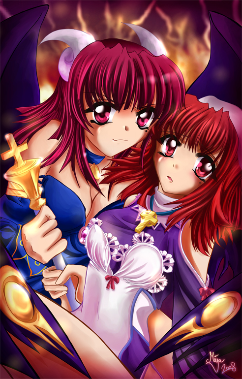 maou prier, prier, disgaea, la pucelle, makai senki disgaea, makai senki disgaea 2, makai senki disgaea 3, nippon ichi, 00s, 2girls, bat wings, demon girl, horns, multiple girls, pink hair, red eyes, red hair, smile, wings