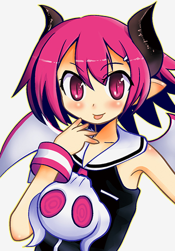 raspberyl, disgaea, makai senki disgaea, makai senki disgaea 2, makai senki disgaea 3, nippon ichi, lowres, 00s, 1girl, bat wings, demon girl, female focus, horns, pink eyes, pink hair, pointy ears, sailor collar, solo, tail, white sailor collar, wings