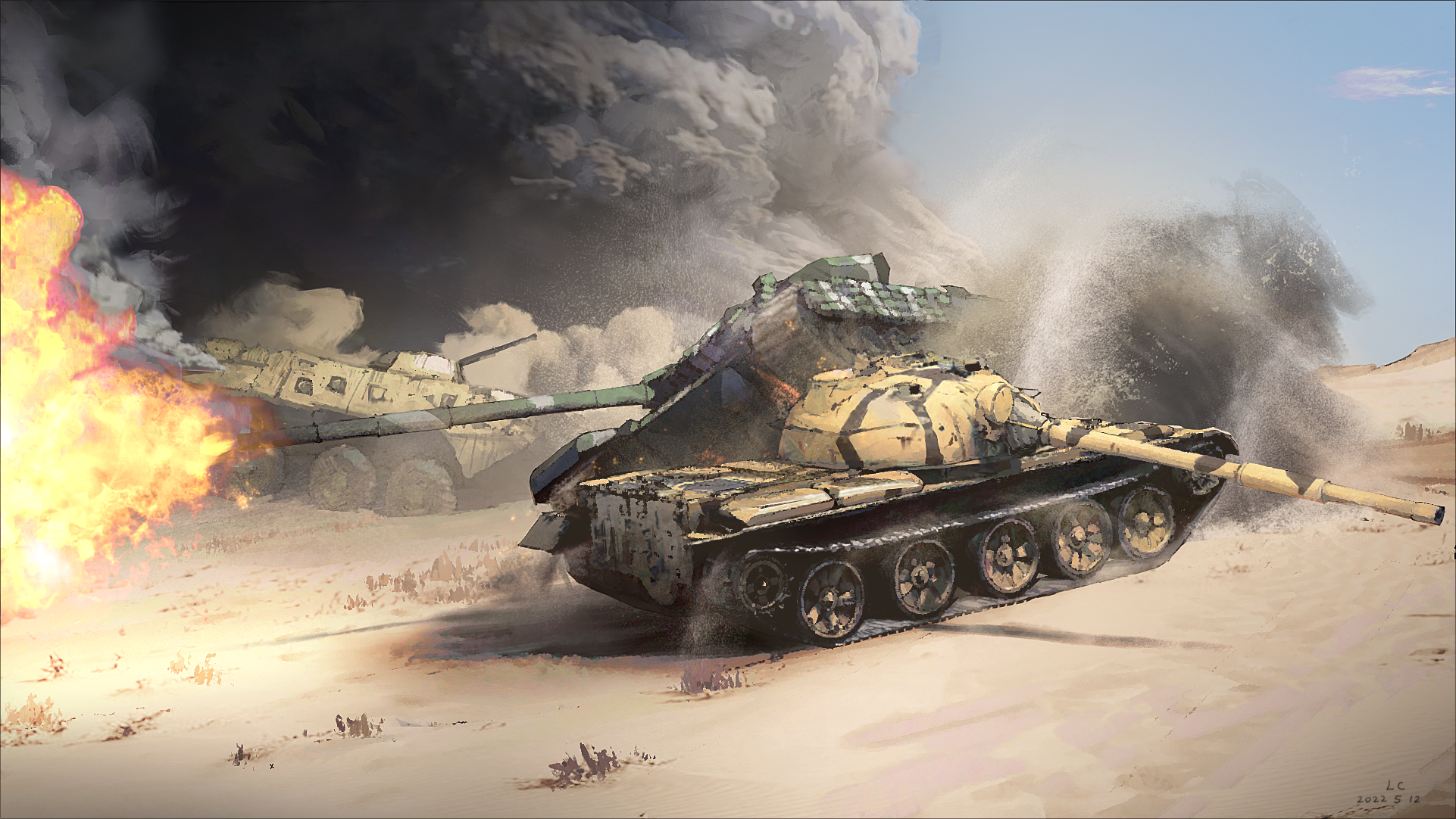 lhlclllx97, original, highres, abandoned, battle, blue sky, cannon, caterpillar tracks, dessert, food, military vehicle, motor vehicle, shadow, sky, smoke, tank, vehicle focus, war