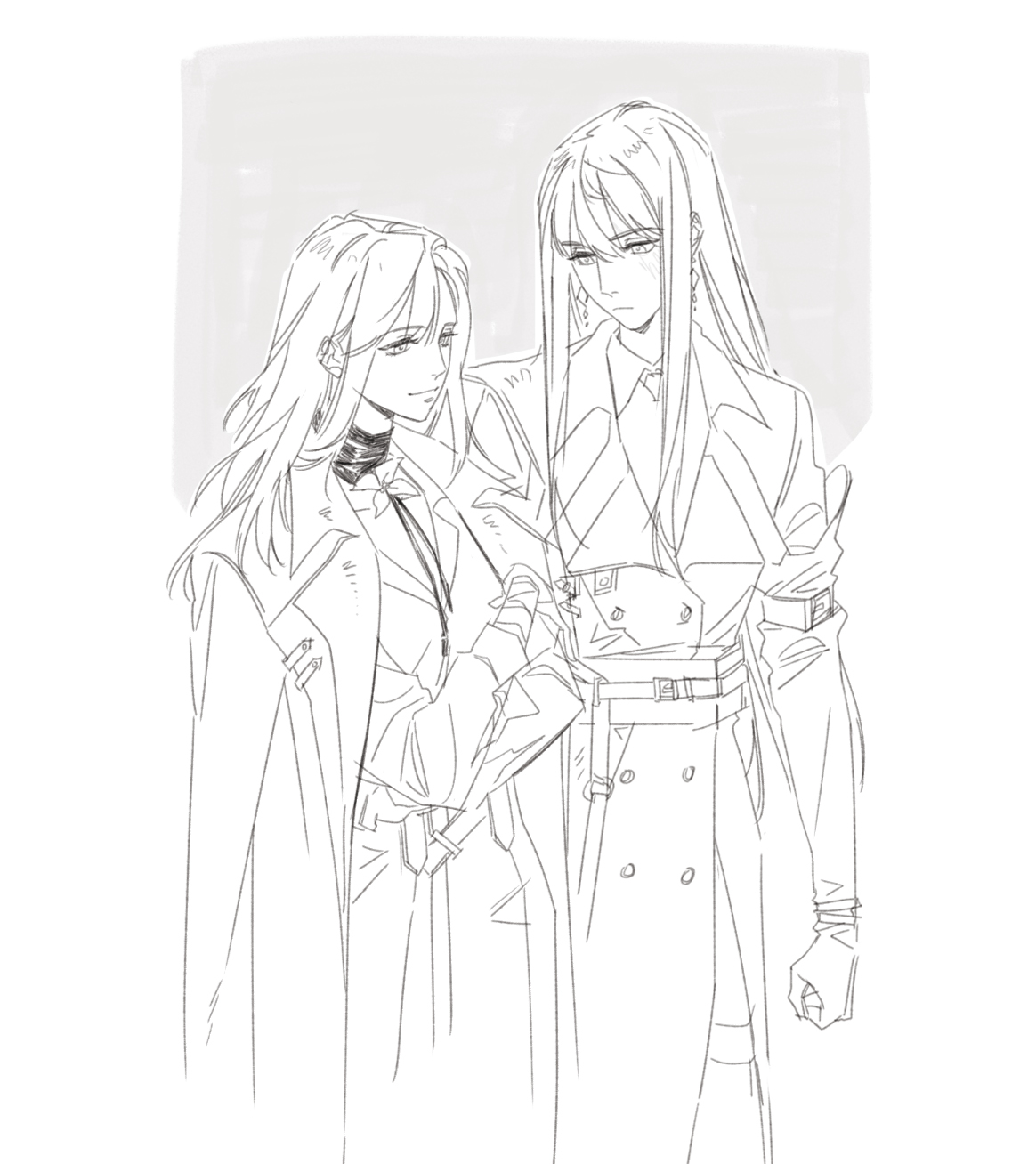 guri gom, rahu (path to nowhere), shalom (path to nowhere), path to nowhere, commentary request, highres, korean commentary, 2girls, closed mouth, coat, collared shirt, earrings, elbow gloves, flower, gloves, greyscale, jewelry, looking at another, monochrome, multiple girls, shirt, skirt, smile