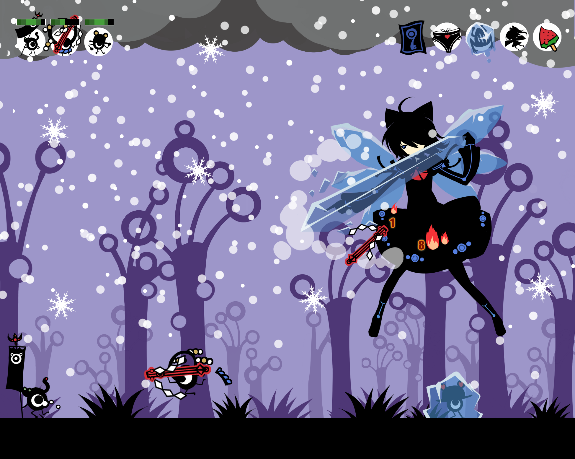 ideolo, cirno, kochiya sanae, moriya suwako, yasaka kanako, patapon, touhou, highres, 1girl, battle, dress, fake screenshot, female focus, frozen, ice, nature, parody, plant, snow, solo
