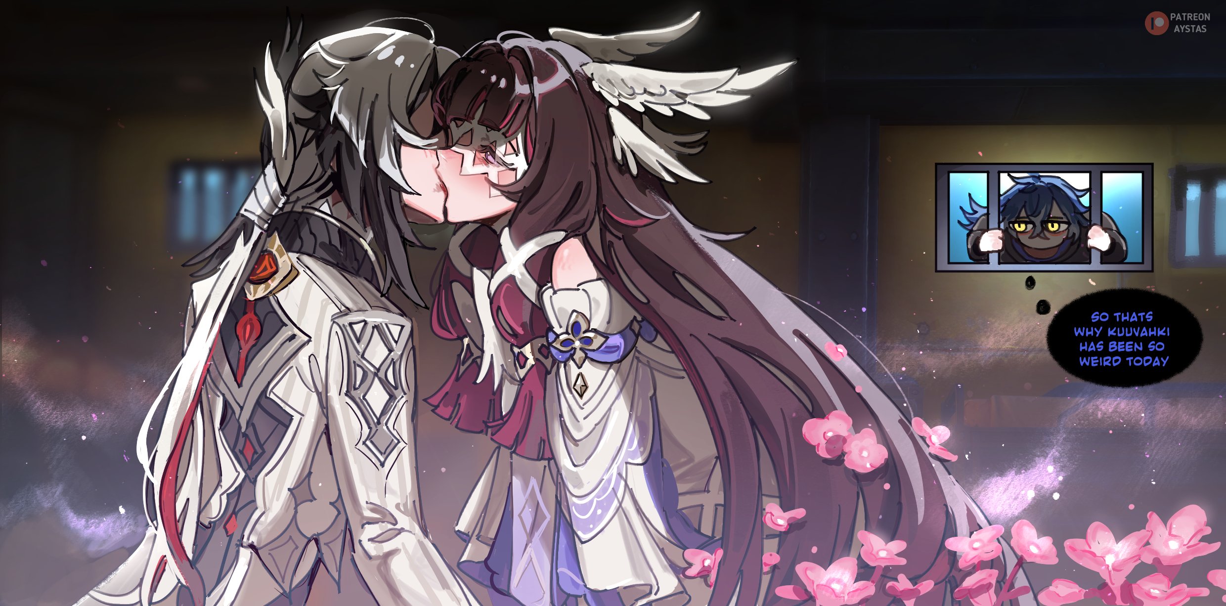 arlecchino (genshin impact), columbina (genshin impact), flins (genshin impact), genshin impact, commentary, hashtag-only commentary, highres, 1boy, 2girls, aystas, coat, dress, english text, flower, grey hair, indoors, kiss, light particles, lipstick, long hair, makeup, mask, multiple girls, patreon username, pink eyes, pink flower, ponytail, purple hair, smeared lipstick, speech bubble, thought bubble, white coat, white dress, yuri