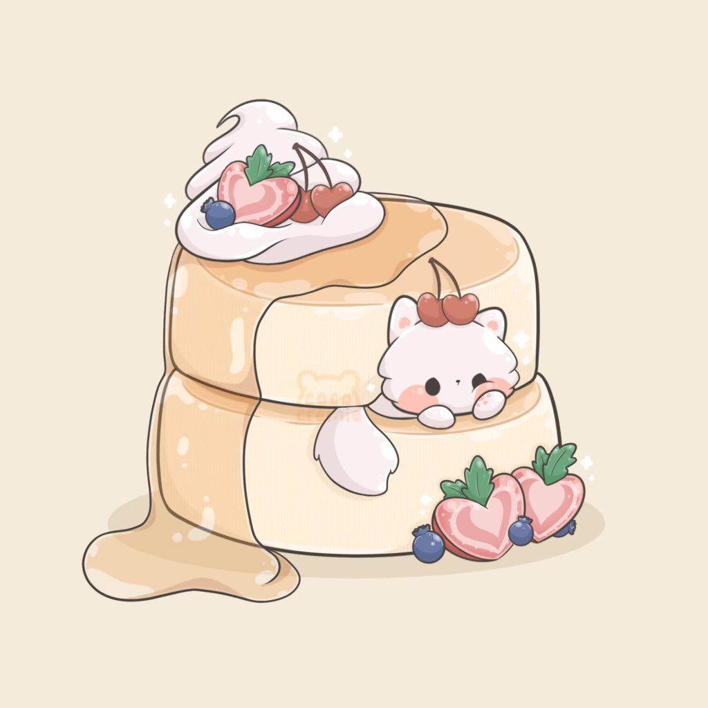 original, artist request, source request, third-party source, animal, anime coloring, black eyes, blueberry, blush stickers, brown background, cat, cherry, food, food focus, food on head, fruit, heart, heart-shaped food, in food, looking ahead, maple syrup, no humans, object on head, pancake, shadow, simple background, solid oval eyes, sparkle, strawberry, strawberry slice, watermark, whipped cream, white cat