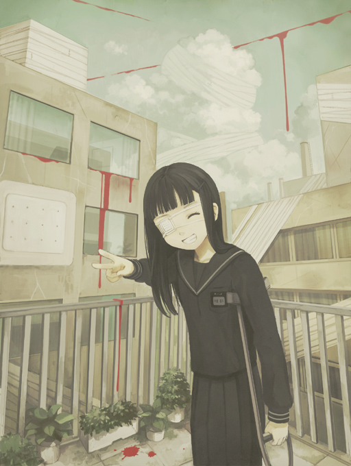 kb, kirobaito, original, 1girl, bandages, black hair, blood, cloud, crutch, day, eyepatch, female focus, happy, long hair, school uniform, smile, solo, surreal, v
